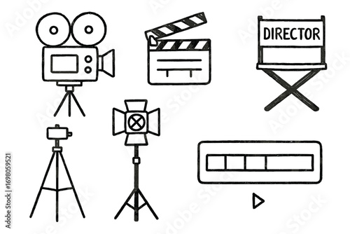 Film production tools: camera, clapboard, director chair, tripod, light