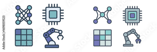 Artificial intelligence and machine learning icon set with neural network, robotic arm, and CPU processor chip symbols