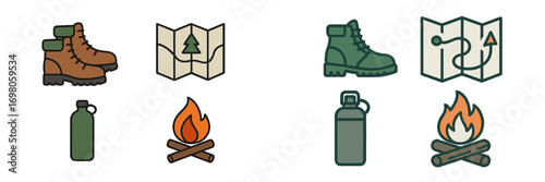 Essential equipment for outdoor adventure and camping featuring hiking boots, navigation maps, water bottles, and warm campfires