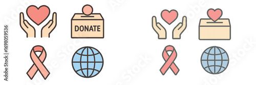 A set of essential icons representing charity, donation, and global awareness for philanthropy and community support initiatives