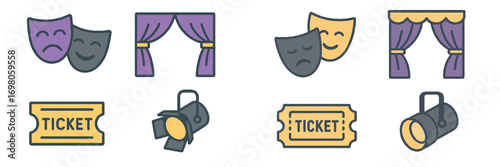 Theater icon set with comedy and tragedy masks, stage curtains, admission tickets, and spotlights for entertainment