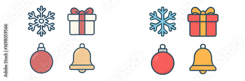 Christmas icon set with snowflake, gift box, ornament, and bell symbols for winter holiday celebration design