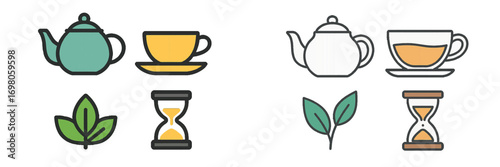 Collection of tea-related objects including a teapot, teacup, leaves, and hourglass for brewing time in two styles, filled color and outline
