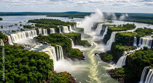 Aerial view of Iguazu Falls with surrounding rainforest in South America