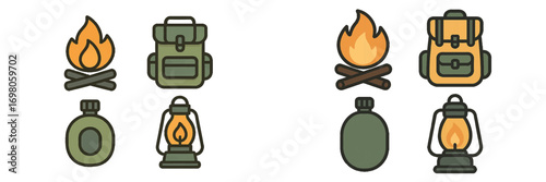 Camping and hiking equipment icon set with campfire, backpack, lantern, and canteen for outdoor adventure themes