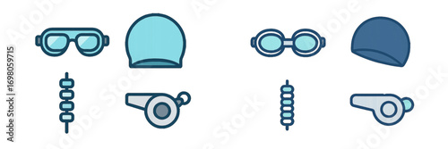 Swimming equipment icon set with goggles, swim cap, whistle, and lane line floats for sports and recreation concepts