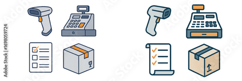 Commerce and retail symbols with barcode scanner, cash register, checklist, and shipping box for logistics and e-commerce