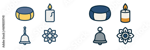 Meditation and wellness icon set with candle, bell, lotus flower, and singing bowl in filled line and glyph styles