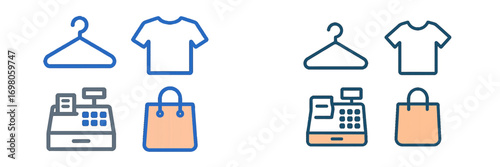 Shopping and retail line icon set with hanger, t-shirt, cash register, and shopping bag for commerce and fashion