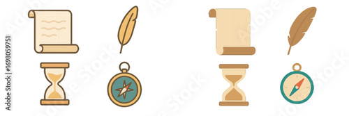 Vintage icon set with ancient writing and navigation tools like parchment scroll, feather quill, hourglass, and compass