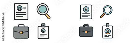 Job search and human resources icon set with resume, magnifying glass, briefcase, and ID badge symbols for business and employment concepts