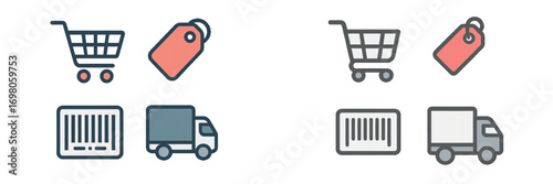 E-commerce concepts with shopping cart, price tag, barcode, and delivery truck for online shopping and logistics