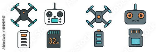 Drone and accessories icon set with quadcopter, remote control, battery, and memory card on a white background