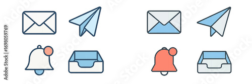 Communication icon set with envelope, paper airplane, notification bell, and inbox tray for user interface design