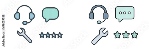 Customer service and technical support icon set with headset, chat bubble, wrench, and star rating symbols for user feedback
