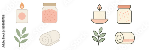 Flat design spa and self-care icon set with lit candles, jars of bath salts, botanical leaf elements, and plush rolled towels