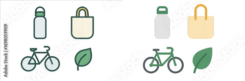 Set of eco friendly lifestyle icons with reusable water bottle, tote bag, bicycle, and leaf symbols for sustainability and green living concepts