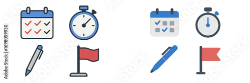 Productivity and time management with calendar, stopwatch, pen, and flag for planning and goal setting