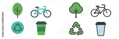 Collection of eco friendly symbols for sustainable living featuring tree, bicycle, recycling, and reusable cup