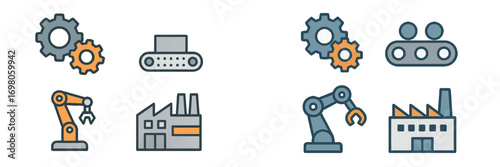 Industrial manufacturing and automation processes featuring a modern factory, robotic arm, conveyor belt, and gears in a production line