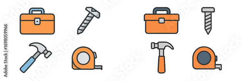Set of construction tool icons including a toolbox, hammer, screw, and tape measure isolated on a white background