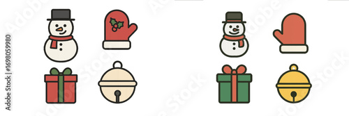 Christmas icon set with snowman, mitten, gift box, and jingle bell symbols for winter holiday design elements
