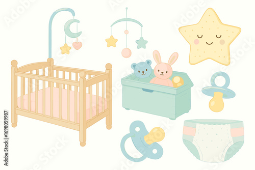 Adorable baby room elements with crib, toys, and essentials in pastel colors