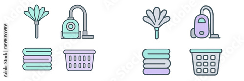 Cleaning and laundry icon set with vacuum cleaner, feather duster, folded towels, and laundry basket symbols