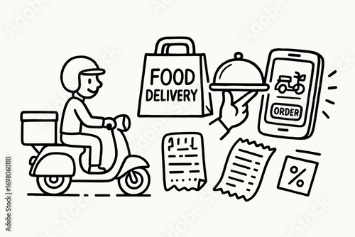 Food delivery service concept with scooter, order app, and packages
