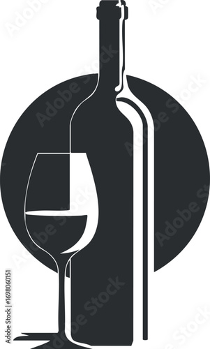 Stylized illustration of a wine bottle and glass against a circular background. Black on transparent background.