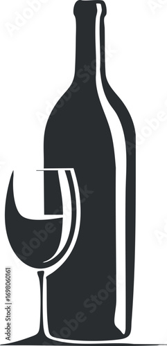 Stylized illustration of a wine bottle and glass symbolizing elegance and celebration. Black on transparent background.