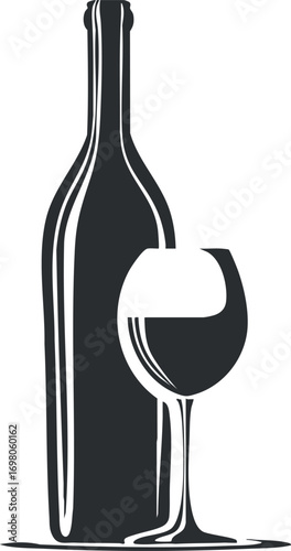 A simple and elegant silhouette of a wine bottle and glass representing fine dining and celebration. Black on transparent background.