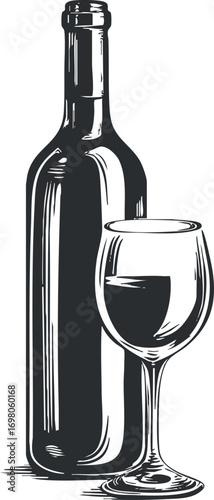 A stylish illustration of a wine bottle and glass ideal for beverage related themes. Black on transparent background.