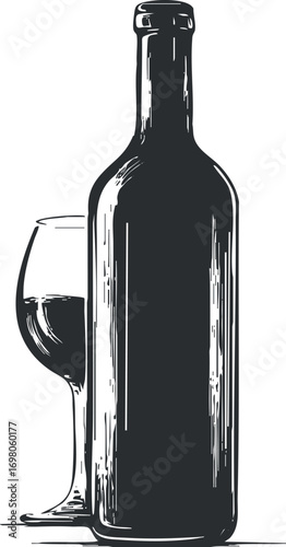 A classic wine bottle and glass setup ideal for dining and celebration. Black on transparent background.
