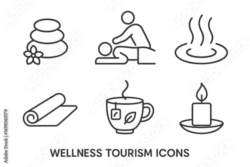 Wellness tourism icons: spa stones, massage, hot springs, yoga mat, tea, candle