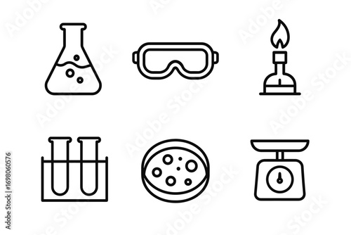 Science equipment icons: flask, goggles, bunsen burner, test tubes, petri dish, scale