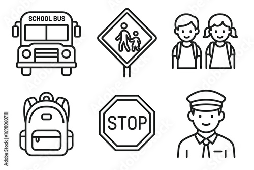 School transportation icons: bus, children, backpack, crossing sign, driver, stop