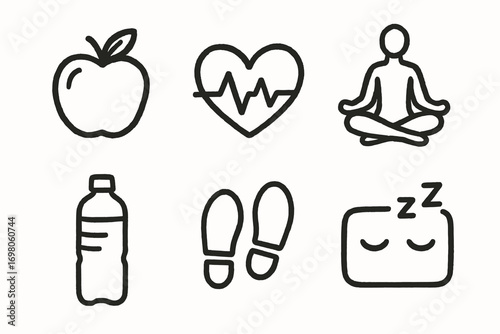 Healthy lifestyle symbols: apple, heartbeat, yoga, hydration, walking, sleep