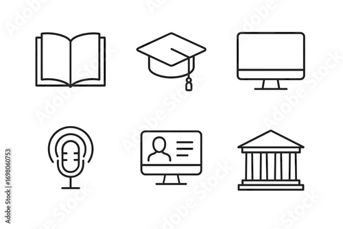 Education icons: book, graduation cap, computer, microphone, online learning, institution