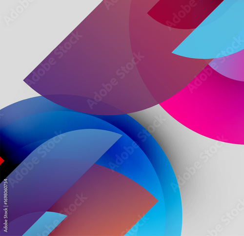 Abstract shapes overlap, creating vibrant color gradients. Blues, purples, pinks dominate composition. Modern design, smooth transitions present.