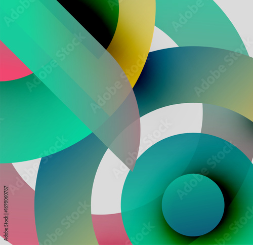 Abstract composition featuring overlapping translucent circles. Colors blend, creating dynamic visual effect. Minimalist design, modern aesthetic.