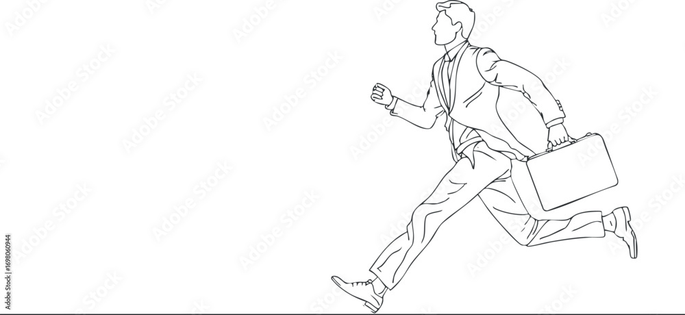 Fototapeta premium A dynamic illustration of a businessman running with a briefcase, symbolizing urgency and ambition. Black on transparent background.