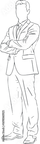Outline illustration of a confident man in a formal suit standing with arms crossed. Black on transparent background.