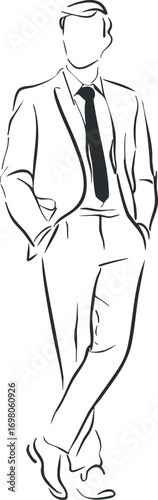 A stylish illustration of a confident man in a formal suit and tie standing. Black on transparent background.
