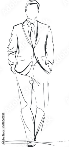 Stylish sketch of a confident man in a suit walking with elegance and poise. Black on transparent background.