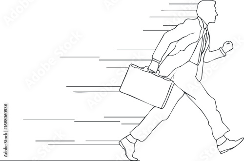 A dynamic lineart illustration of a businessman running with a briefcase symbolizing speed and urgency. Black on transparent background.