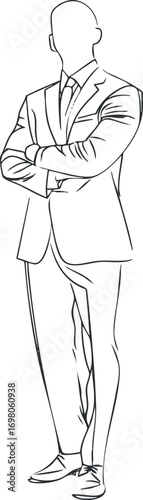 Stylized outline illustration of a confident man in a formal suit standing with arms crossed Black on transparent background.