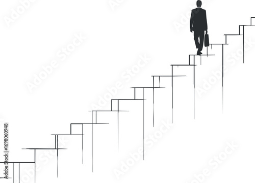 A silhouette of a businessman ascending abstract stairs symbolizing career growth and success. Black on transparent background.