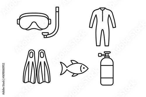 Outline icons of snorkeling gear and fish including mask, snorkel, suit, fins, and tank