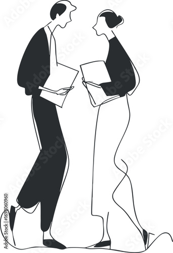 Stylized illustration of two professionals engaging in a business discussion with documents. Black on transparent background.